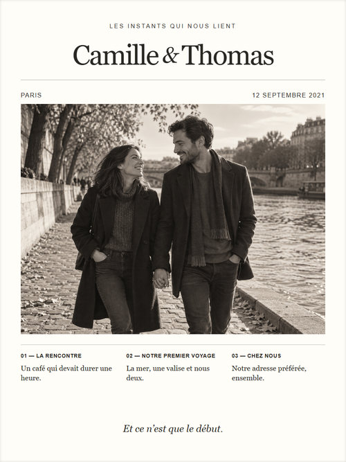 Exemple numérique de la composition Notre Histoire, avec un couple fictif et des souvenirs de démonstration.
